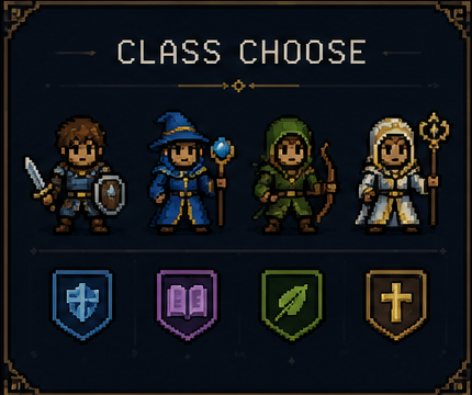Class select screen showing four heroes: warrior, mage, ranger and priest