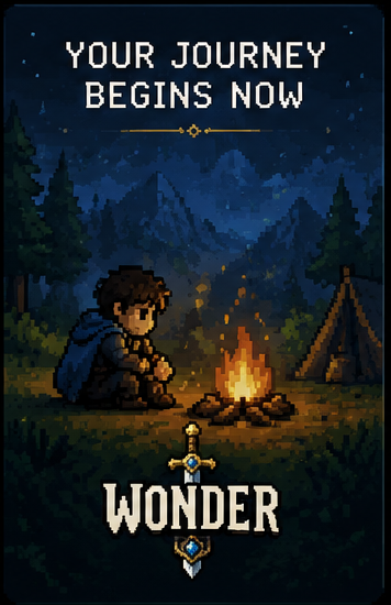The adventurer sits by a campfire at night under the mountains — your journey begins now