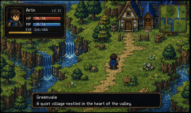 Overworld screenshot: Arin stands on a path in Greenvale village near waterfalls
